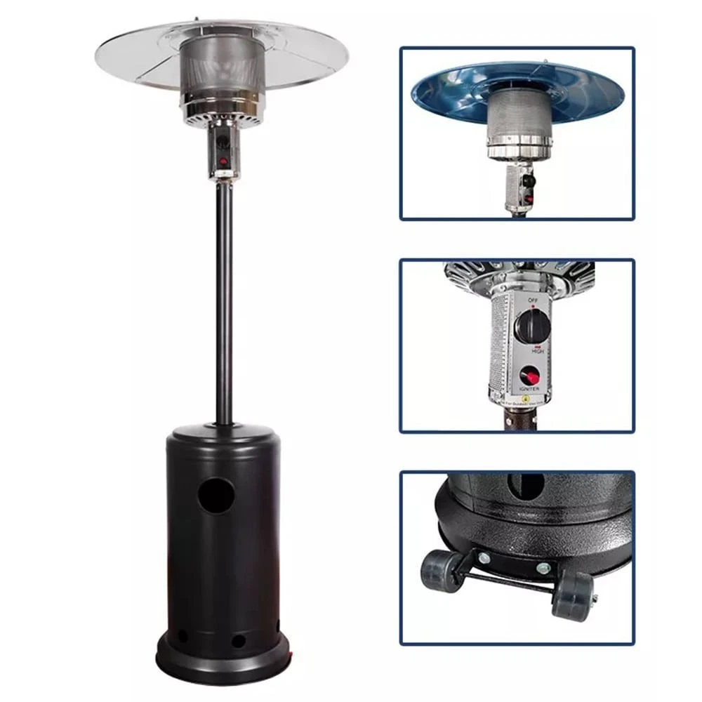 CAPA.509946-STUFA-GAS-FUNGO-13KW-MUSHROOM-NERO-INOX-CON-RUOTE-cm46x222H-CAPPELLO-D.813-cm